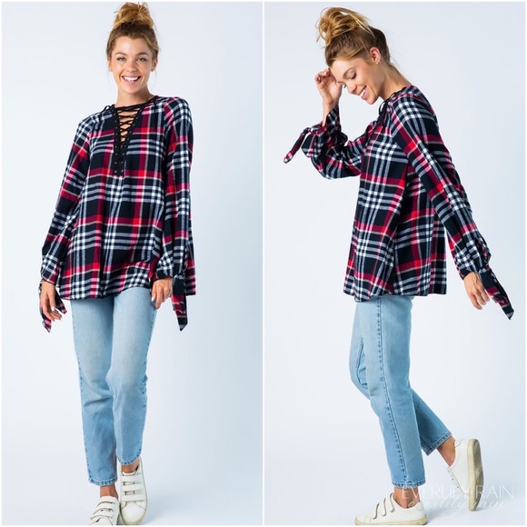 Plaid Eyelet Lace Up Top - Picture 10 of 15